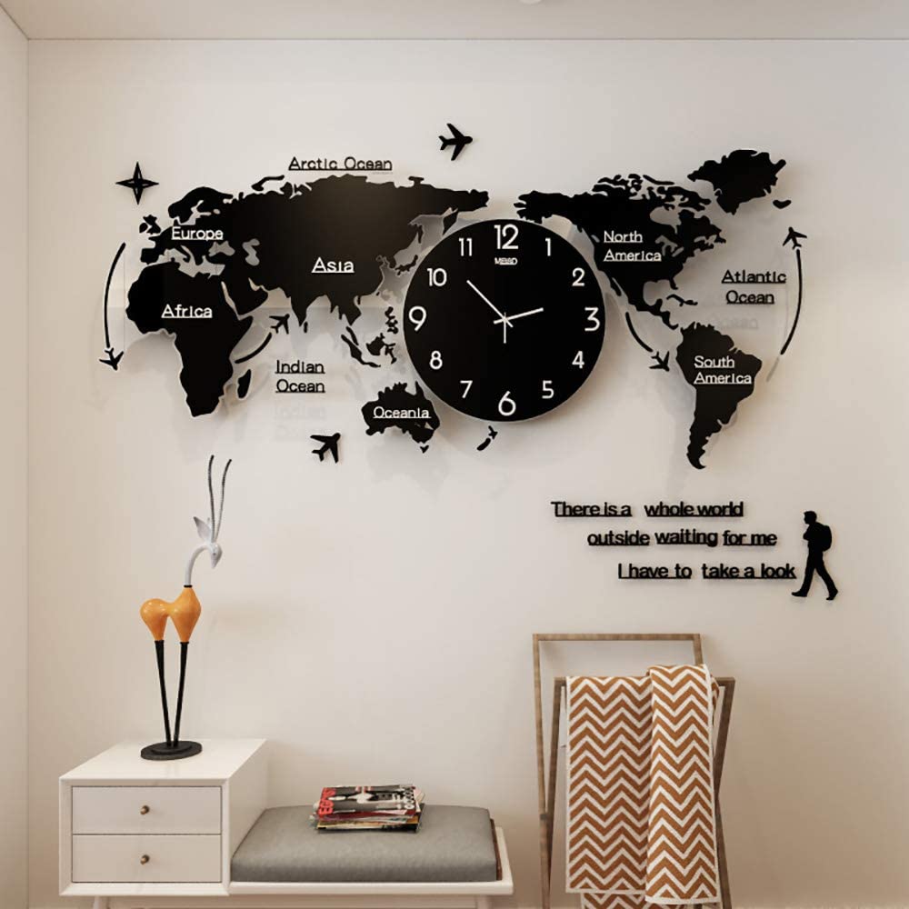 Acrylic World Map Clock - Black, Golden, Silver - 52x100CM