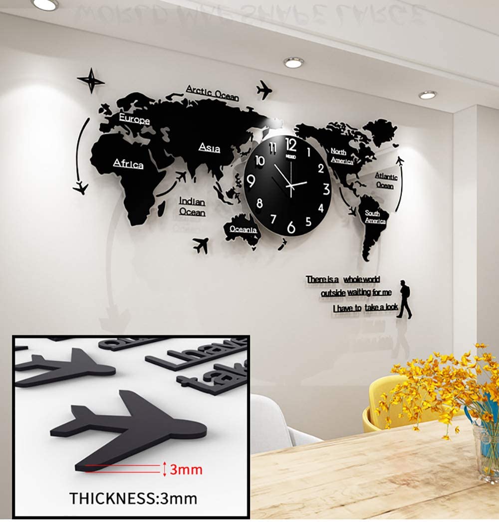 Acrylic World Map Clock - Black, Golden, Silver - 52x100CM